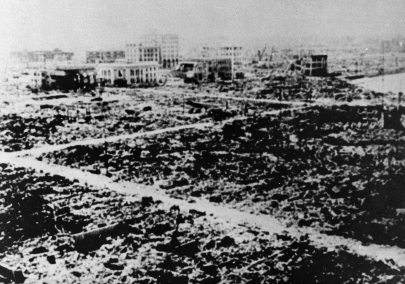 The atomic bomb devastated central Hiroshima. 
          This photo was taken from the Hiroshima Chamber of Commerce and Industry building, sometime between late September and October,1945. (Kyodo)