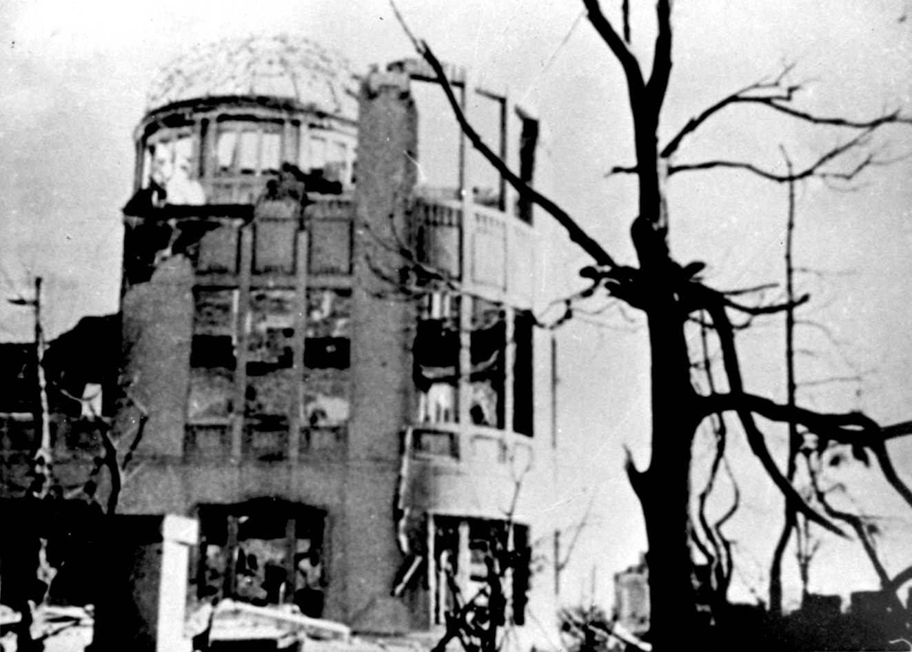 A damaged building now known as the Atomic Bomb Dome in Hiroshima, taken sometime between late September and October,1945 (Kyodo)