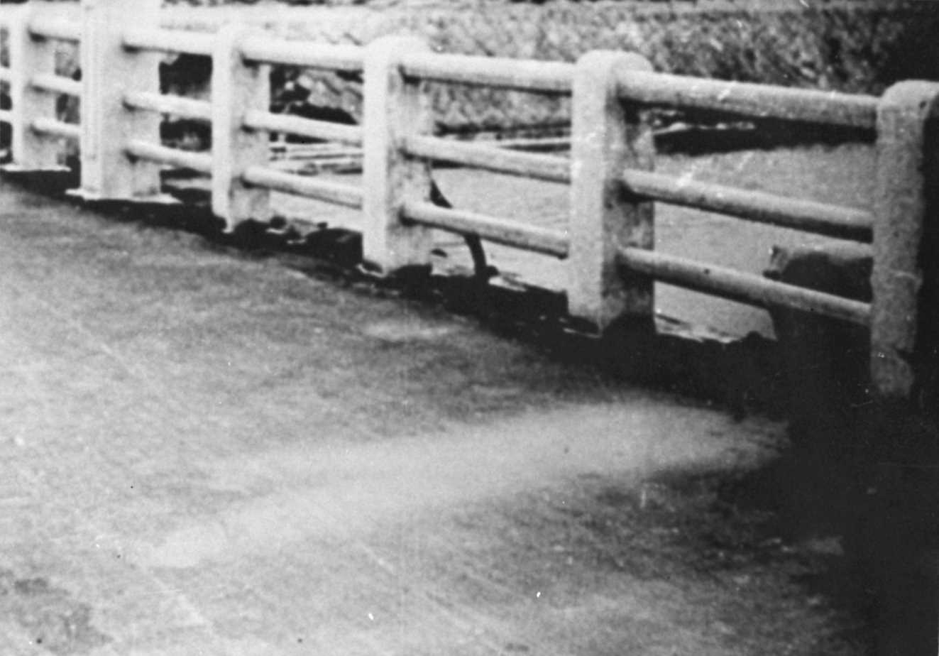 The heat and radiation emitted by the blast was so intense 
          that only the imprint of a passerby remained on the bridge surface. The photo was sometime between late September and October,1945. (Kyodo)
