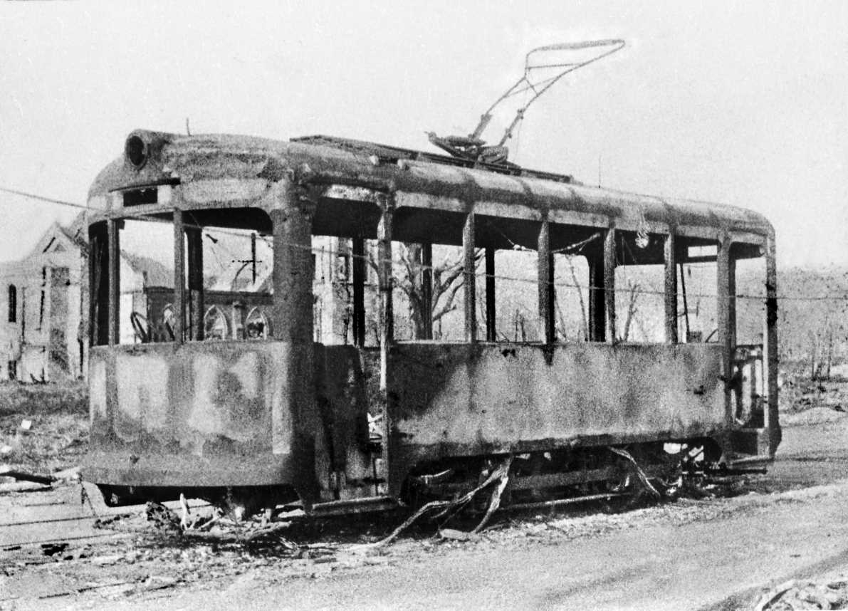 A tram car that burned up in the blast photographed by Domei's Satsuo Nakata near the epicenter on Aug. 10 or 11, 1945. (Kyodo)