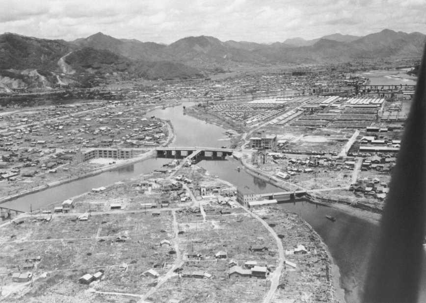 The panoramic view of Hiroshima. 
          The Atomic Bomb Dome can be found rightward in the center, 1947. (Kyodo via the Associated Press) 