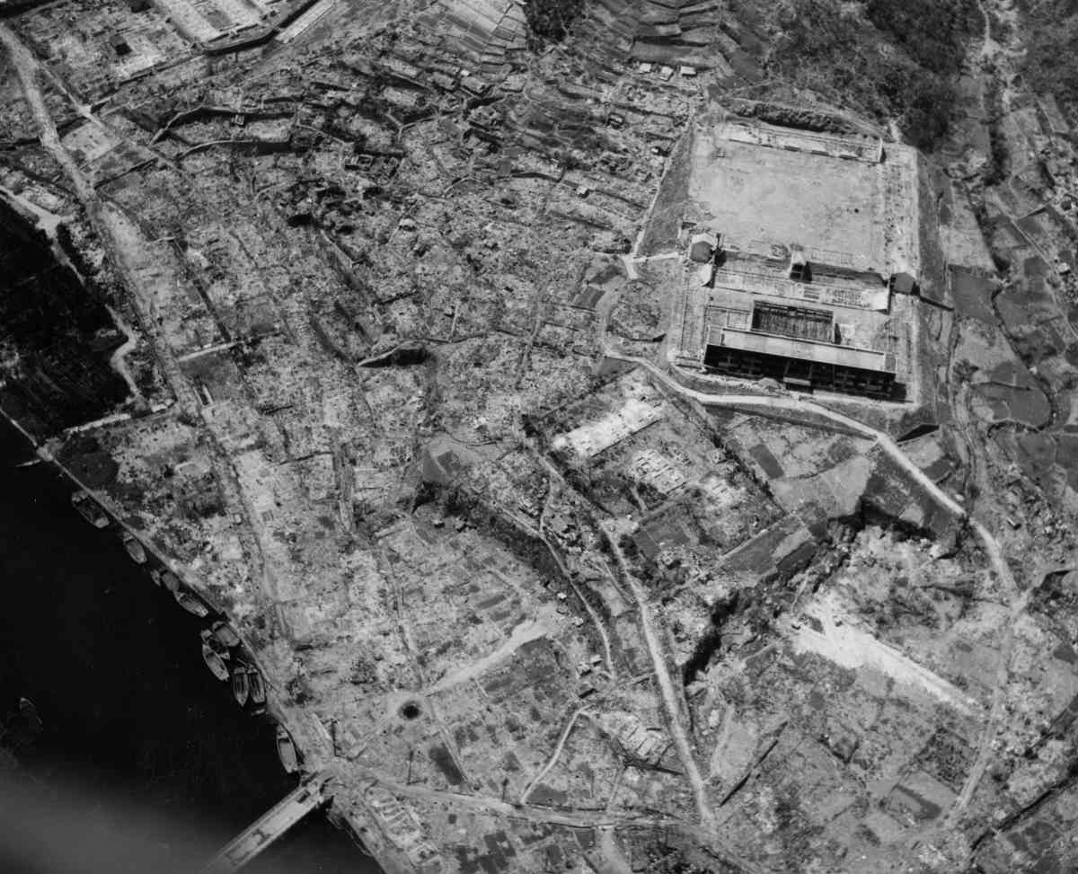 An aerial view of devastated Nagasaki after the atomic bombing, photographed by the U.S. Army in September 1945. (ACME)