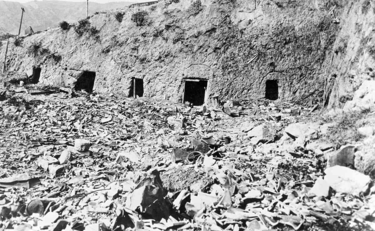 Photo taken in August 1945 shows a bomb shelter built on a hillside near the epicenter of the Nagasaki bombing.