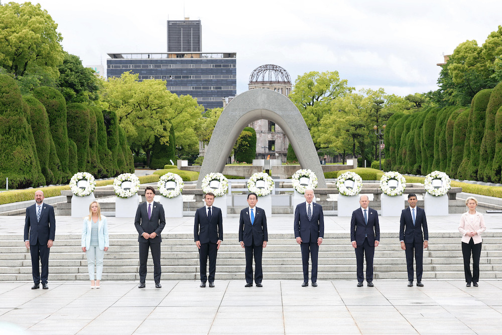 The leaders of the G-7 major economies who gathered in Hiroshima are pictured on May 19, 2023. (Kyodo) 