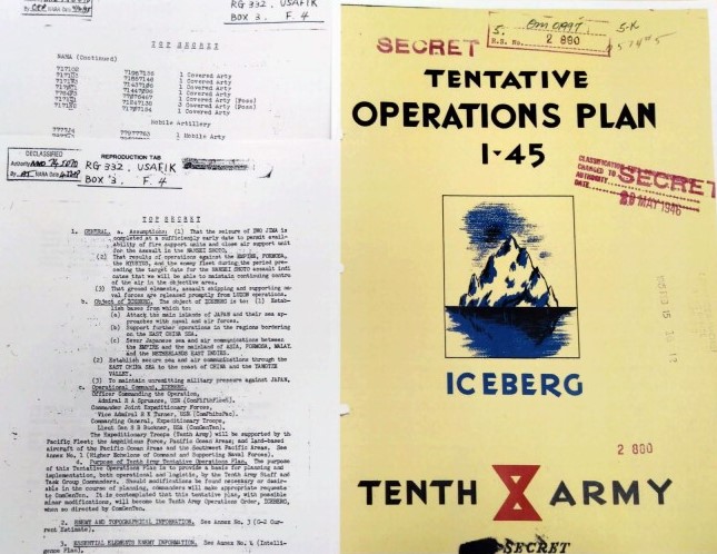 アメリカ軍の沖縄侵攻計画「アイスバーグ作戦」計画書（所蔵：アメリカ国立公文書館）