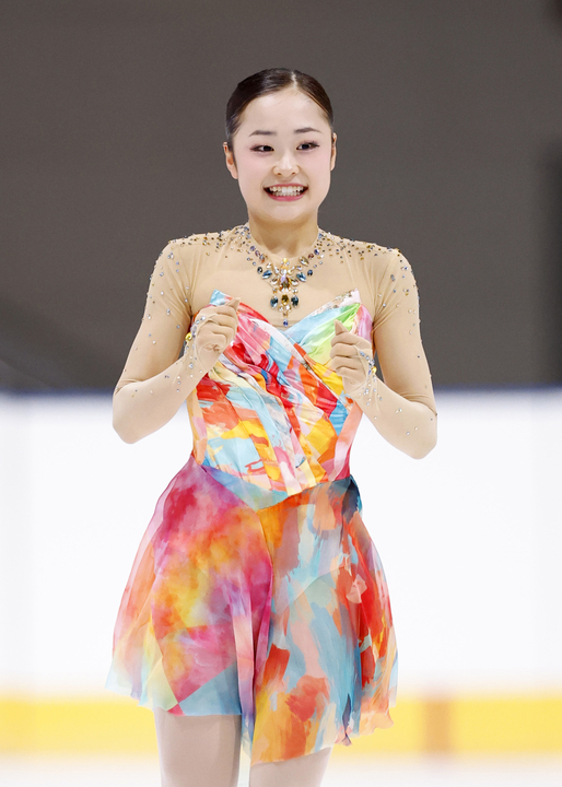 女子フリーの演技を終え、笑顔の島田麻央。SP2位から逆転優勝した=田中貴金属アイスアリーナ