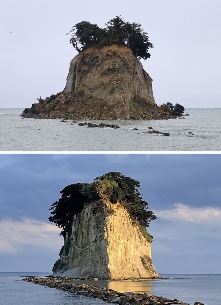 能登半島地震の影響で大きく崩落した石川県珠洲市の「見附島」（上、1月10日）。下は地震前（2022年12月）／撮影：玉井晃平（共同）