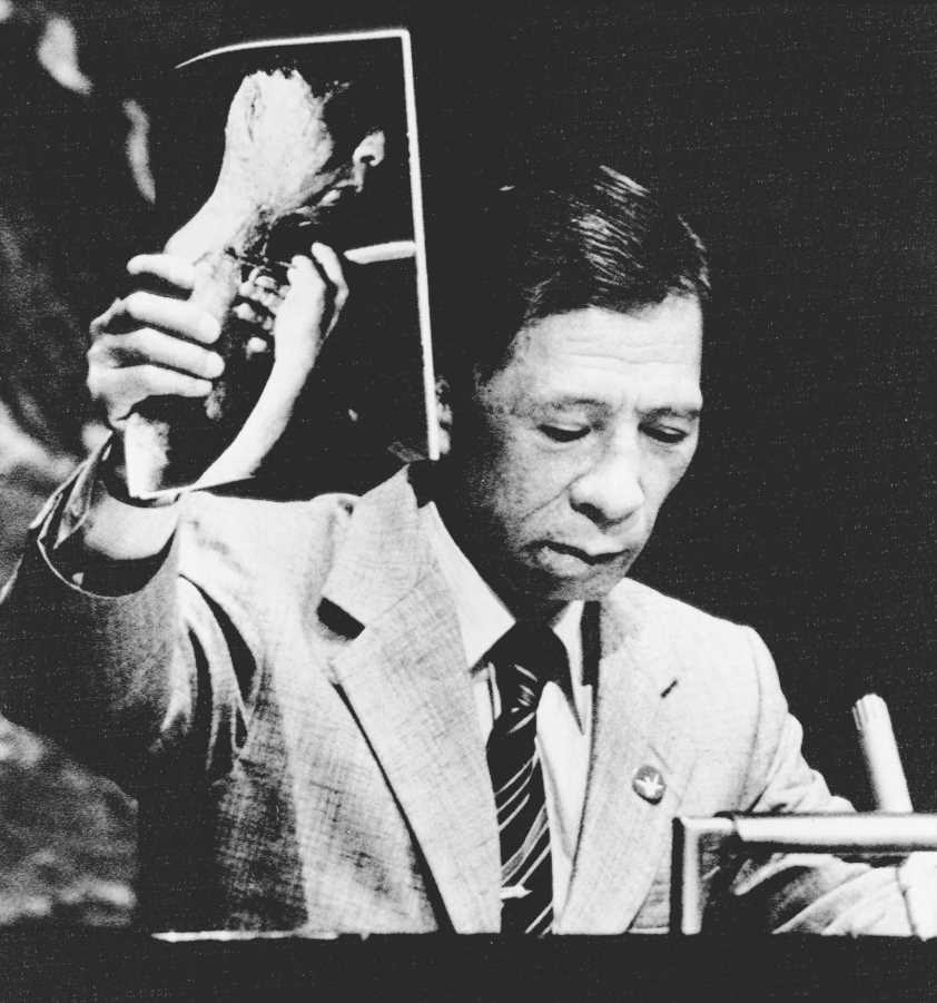 1982年の国連軍縮特別総会で、長崎で被爆した自身の写真を手に訴える山口仙二さん＝米ニューヨーク（UPI＝共同）