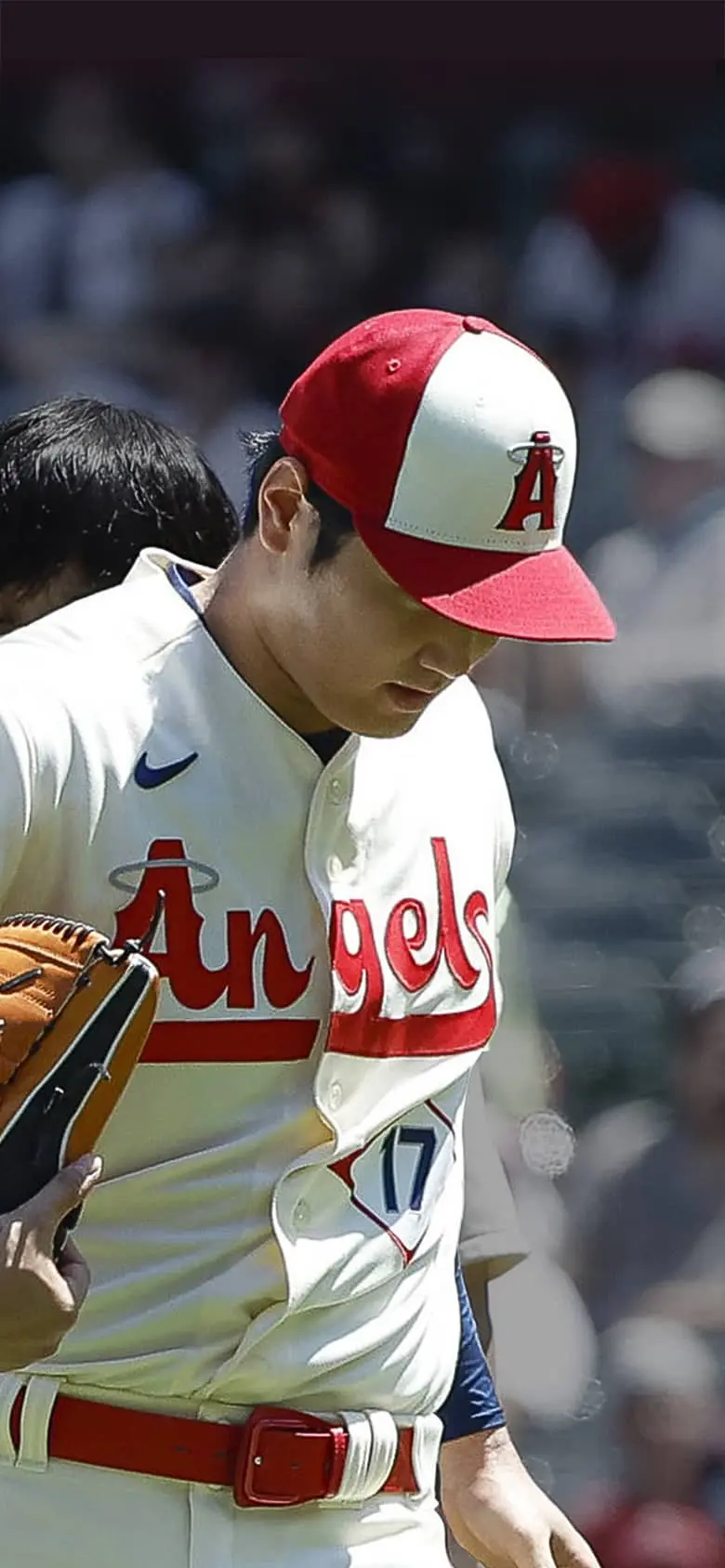 Shohei Ohtani, the pitcher, stepping off the mound.